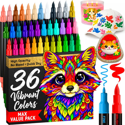 ARTISTRO 36 Acrylic Paint Markers - Paint Pens for Drawing, Brush + Fine Tips - For Fabric, Rock, Glass, Wood, DIY - Art & Craft Supplies for Adults, Teens, Kids - Teacher Appreciation Gift