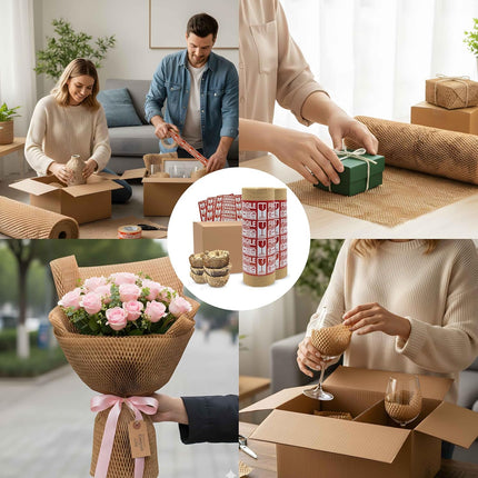 15”x500’ Honeycomb Paper, Honeycomb Packing Paper for Moving Packing Materials for Fragile Items, 1 rolls of 500ft With 48 Fragile Sticker Labels