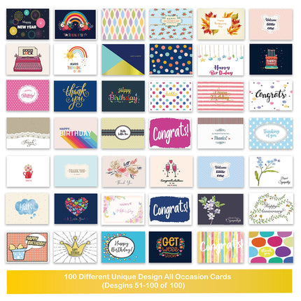 100 All Occasion Cards Assortment Box with Color Envelopes，All Occasion Cards Set with Greeting Inside, Large 5 x 7 inch Cards with Stickers and Dividers
