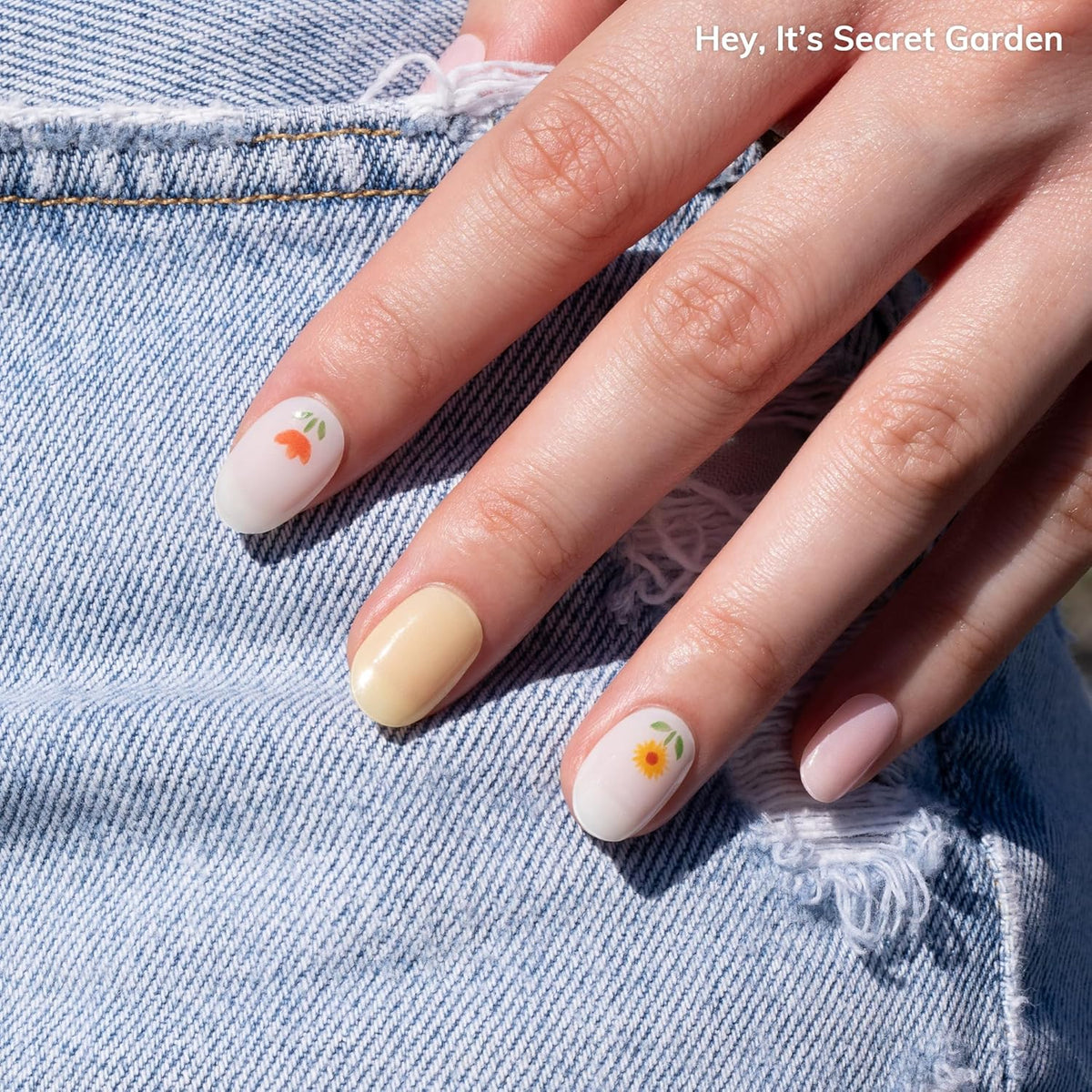 Semi Cured Gel Nail Strips | No LED Lamp Needed |Yellow, Floral | Easy Apply & Remove, Salon Quality  - photo 2