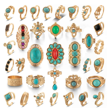 30-36 Pcs Vintage Crystal Turquoise Ring Set Gold Knuckle Rings for Women Bohemian Stackable Joint Rings Retro Boho Stacking Joint Finger Rings Pack