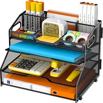 4-Tier Black Metal Desk Organizer with Pencil Holder and Handles