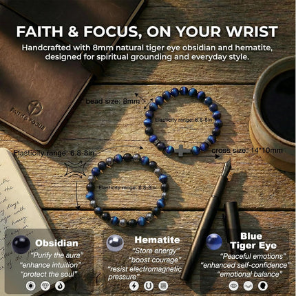 Cross Bracelet for Men - Black Obsidian Hematite Tiger Eye Triple Protection Bracelet Set 8MM Stretch Beaded Bracelets Faith Jewelry Gift for Men Boyfriend Husband Son