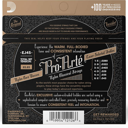 D'Addario Pro Arté Nylon Classical Guitar Strings, EJ45, Normal Tension, 6-String Set, Pack of 1