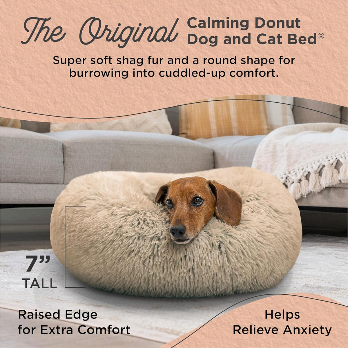 Calming Donut Dog Bed for Small Dogs up to 25 lb, Taupe Shag Faux Fur, 23 x 23 in - photo 2