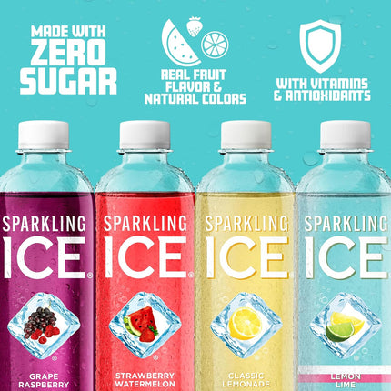 Sparkling Ice Blue Variety Pack, Zero Sugar Sparkling Water, with Vitamins and Antioxidants, 17 fl oz, 12 count (Classic Lemonade, Strawberry Watermelon, Grape Raspberry, Lemon Lime)