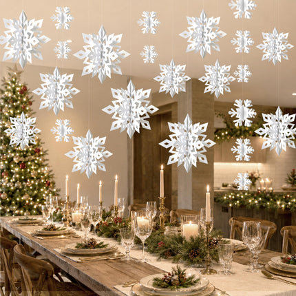 Snowflake Decorations, Paper Christmas Hanging Decor Indoor, White, 14-Pc