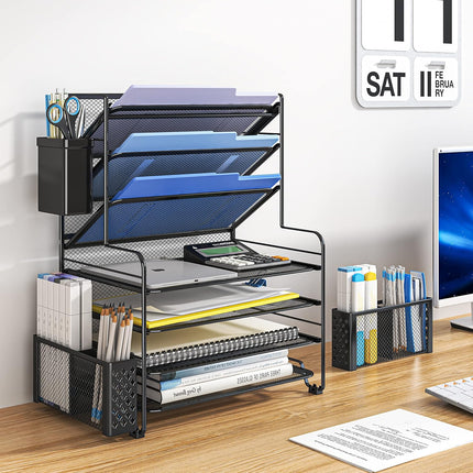 Simple Trending 7 Tier Desk File Organizer, Letter Tray Paper Organizer with Pen Holder and Metal Hanging Basket, Black