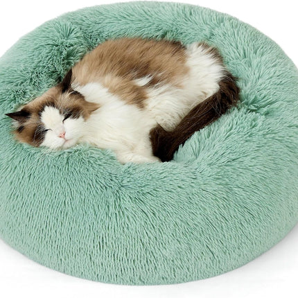 Bedsure Calming Cat Beds for Indoor Cats - Small Cat Bed Washable 20 inches, Anti-Slip Round Fluffy Plush Faux Fur Pet Bed, Fits up to 15 lbs Pets, Garden Green