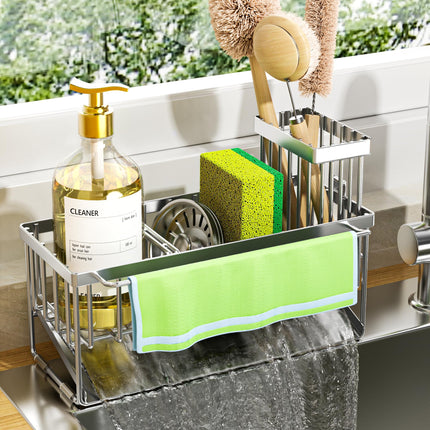 Sink Caddy Sponge Holder for Kitchen with Brush Holder and Stainless Steel Self Drain Tray, Rustproof Kitchen Sink Organizer for Sponge, Soap Dispenser Storage Accessories