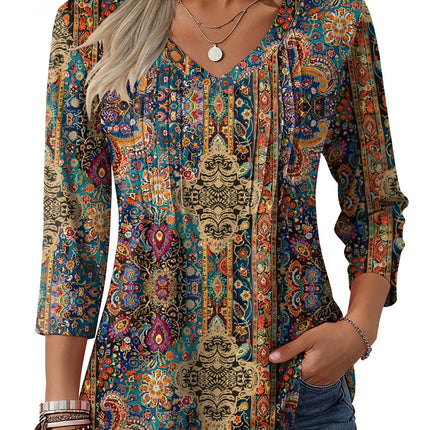 3/4 Length Sleeve Womens Tops V Neck Pleated Boho Floral Blouses