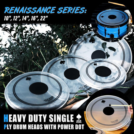 5-Piece Reinforced Drum Head Set – 10-22" with Black Dot for Dent Resistance & Deeper Bass, Double Durability, Enhanced Punch & Warmth, Frosted 10mil PET + 0.28mm Patch for Standard Kits