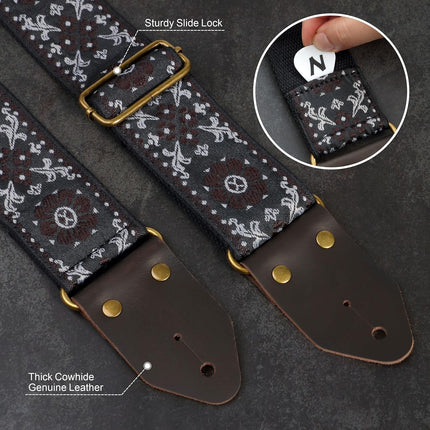 Nefelibata Guitar Strap,Jacquard Embroidery Cotton Guitar Straps with Crazy Horse Leather Ends for Bass, Electric & Acoustic, Best Gifts for Kids, Guitarists(Brown flower embroidery)