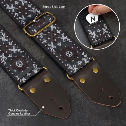 Guitar Strap,Jacquard Embroidery Cotton Guitar Straps with Crazy Horse Leather Ends for Bass, Electric & - photo 3
