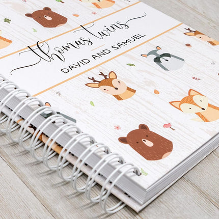 Personalized Twin Baby Memory Book - Hardcover First Year Album Customized with Babies’ Names - Prompted Baby Journal (Forest Friends)