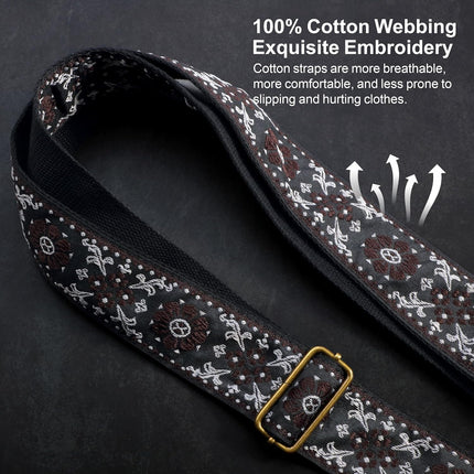 Nefelibata Guitar Strap,Jacquard Embroidery Cotton Guitar Straps with Crazy Horse Leather Ends for Bass, Electric & Acoustic, Best Gifts for Kids, Guitarists(Brown flower embroidery)