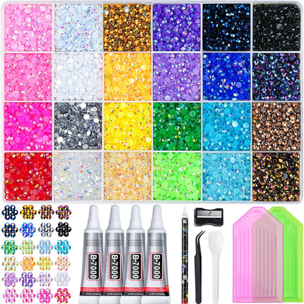 35000 Pcs Resin Jelly Rhinestones Kit, 24 Colors 3mm Flatback Rhinestones with 4 Pcs B7000 Jewelry Glue & Tools, All-in-One Bedazzling Kit for DIY Arts & Crafts Gifts