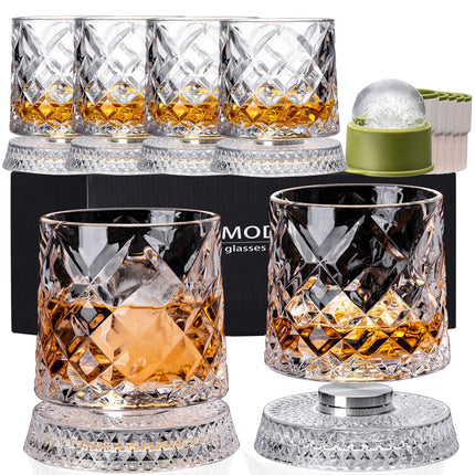 Spinning Whiskey Glasses Set of 4, 9.5 oz Smooth Rotating Bases, Gift Box