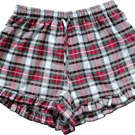 Cotton Plaid Adult Women Ruffle Trim Pajama Shorts Bottoms
