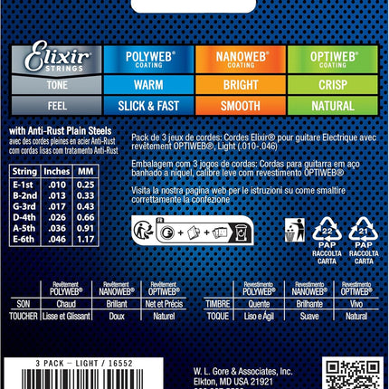 Elixir Strings - Nickel Plated Guitar Strings with OPTIWEB Coating - Elixir Electric Guitar Strings - 3 Pack, Light 10-46