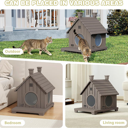 Outdoor Cat House Weatherproof, Durable Resin Cat Houses for Outdoor Indoor Cats, Litter Box Enclosure with Elevated Base, Anti-Slip Pad, Ventilation, Grey