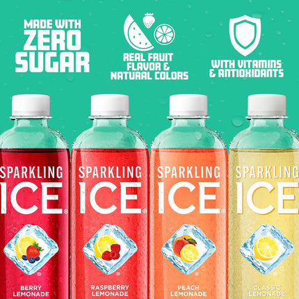 Sparkling Ice Lemonade Variety Pack, Zero Sugar Sparkling Water, with Vitamins and Antioxidants, 17 fl oz, 12 count (Lemonade Flavors: Classic, Raspberry, Peach & Berry)