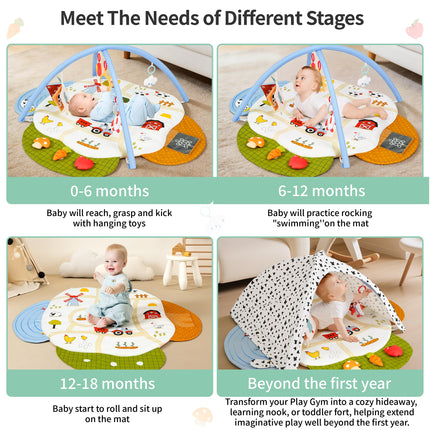 Baby Gym Play Mat, 4-in-1 Tummy Time Mat & Farm-Themed Activity Gym