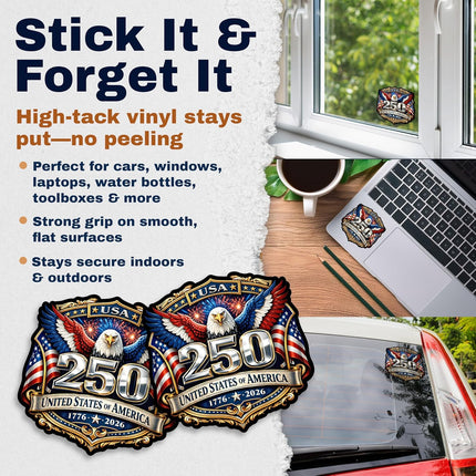 USA 250th Anniversary 1776-2026 Vinyl Sticker 2-Pack - 5 Inch - USA Flag Patriotic Car Window Bumper Decal for Truck SUV Laptop - 250 Years United States Independence Day Commemorative -USAS0010