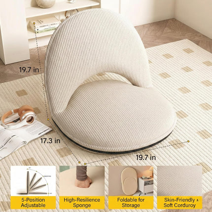 Foldable White Adjustable Floor Chairs with Back Support, Tatami Style Folding Floor Chair for Bedroom, Bay Window, Balcony, Living Room or Bedside – Single Seat Floor Lounger with Backrest Cushion