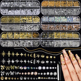 Gold and Silver Nail Charms and Gems Set, 6 Boxes Multi-Shapes Nail Gems Nail Rhinestones Nail Pearls for Nail Art Design