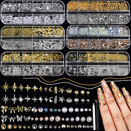 Gold and Silver Nail Charms and Gems Set, 6 Boxes Multi-Shapes Nail Gems Nail Rhinestones Nail Pearls for Nail Art Design