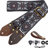 Guitar Strap,Jacquard Embroidery Cotton Guitar Straps with Crazy Horse Leather Ends for Bass, Electric & Acoustic, Best Gifts for Kids, Guitarists(Brown flower embroidery)