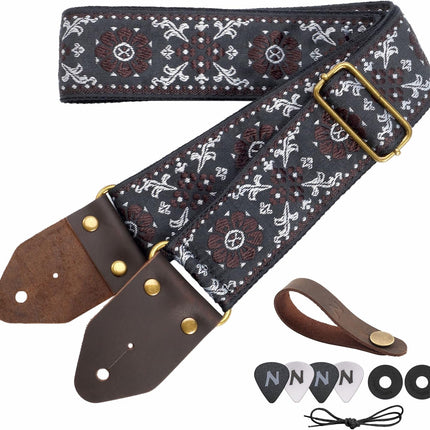 Nefelibata Guitar Strap,Jacquard Embroidery Cotton Guitar Straps with Crazy Horse Leather Ends for Bass, Electric & Acoustic, Best Gifts for Kids, Guitarists(Brown flower embroidery)