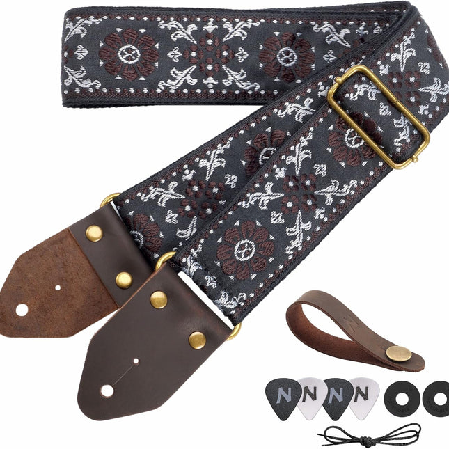 Guitar Strap,Jacquard Embroidery Cotton Guitar Straps with Crazy Horse Leather Ends for Bass, Electric & Acoustic, Best