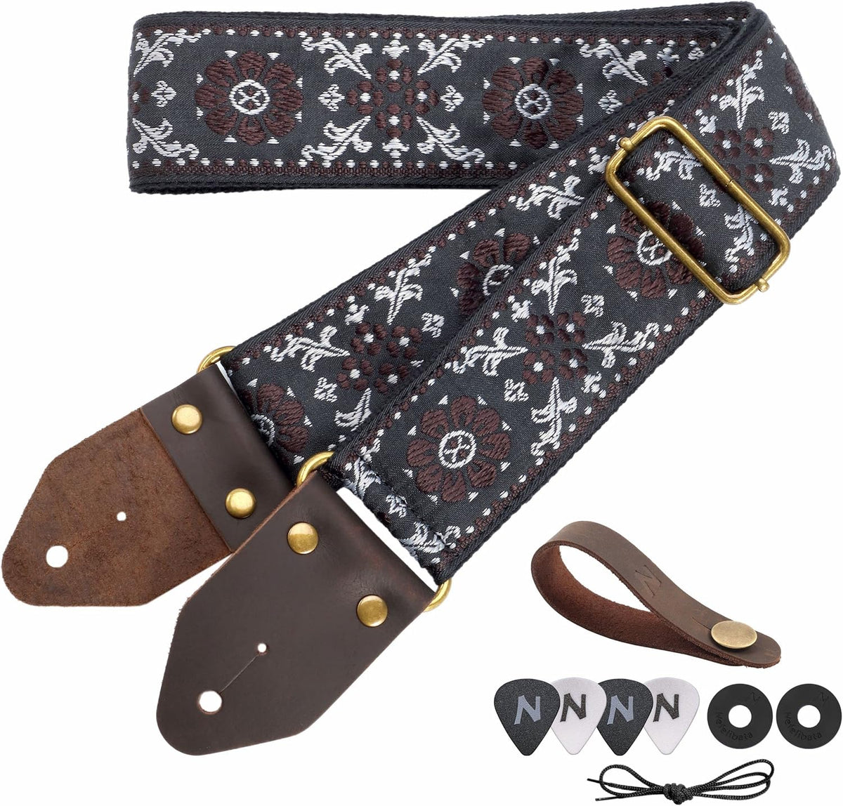 Guitar Strap,Jacquard Embroidery Cotton Guitar Straps with Crazy Horse Leather Ends for Bass, Electric & Acoustic, Best