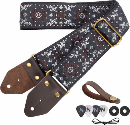 Guitar Strap,Jacquard Embroidery Cotton Guitar Straps with Crazy Horse Leather Ends for Bass, Electric & Acoustic, Best