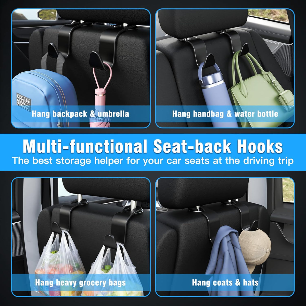 Car Seat Headrest Hook 4 Pack Hanger Storage Organizer Universal for Handbag Purse Coat fit Universal - photo 3
