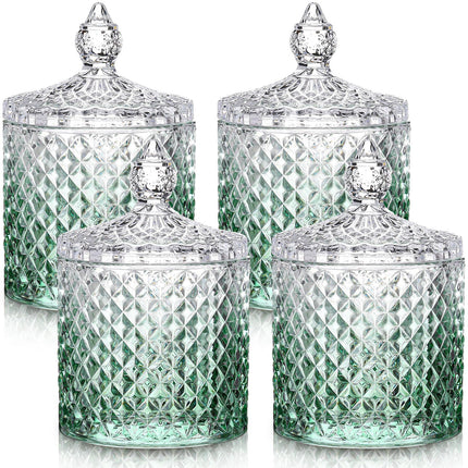 4 Pcs Crystal Glass Candy Jar Set with Lids Home Decorative Storage Jars for Apothecary, Bathroom, Kitchen, and Pantry, Ideal for Cotton Swabs and Jewelry (Medium,Green)