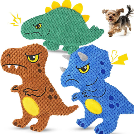 KIPRITII Dinosaur No-Stuffing Dog Squeaky Toys to Keep Dogs Busy, 3-Pack Puppy Toys for Interactive Play & Boredom Relief