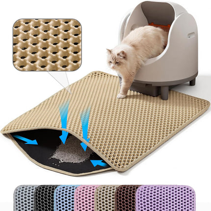 Small Cat Litter Mat, 20x14’’ Double Layer Honeycomb Cat Litter Box Mat, Non Slip Waterproof Urine Proof Litter Trapping Mat for Floor, Kitty Litter Pad, Indoor Pet Supplies, Beige