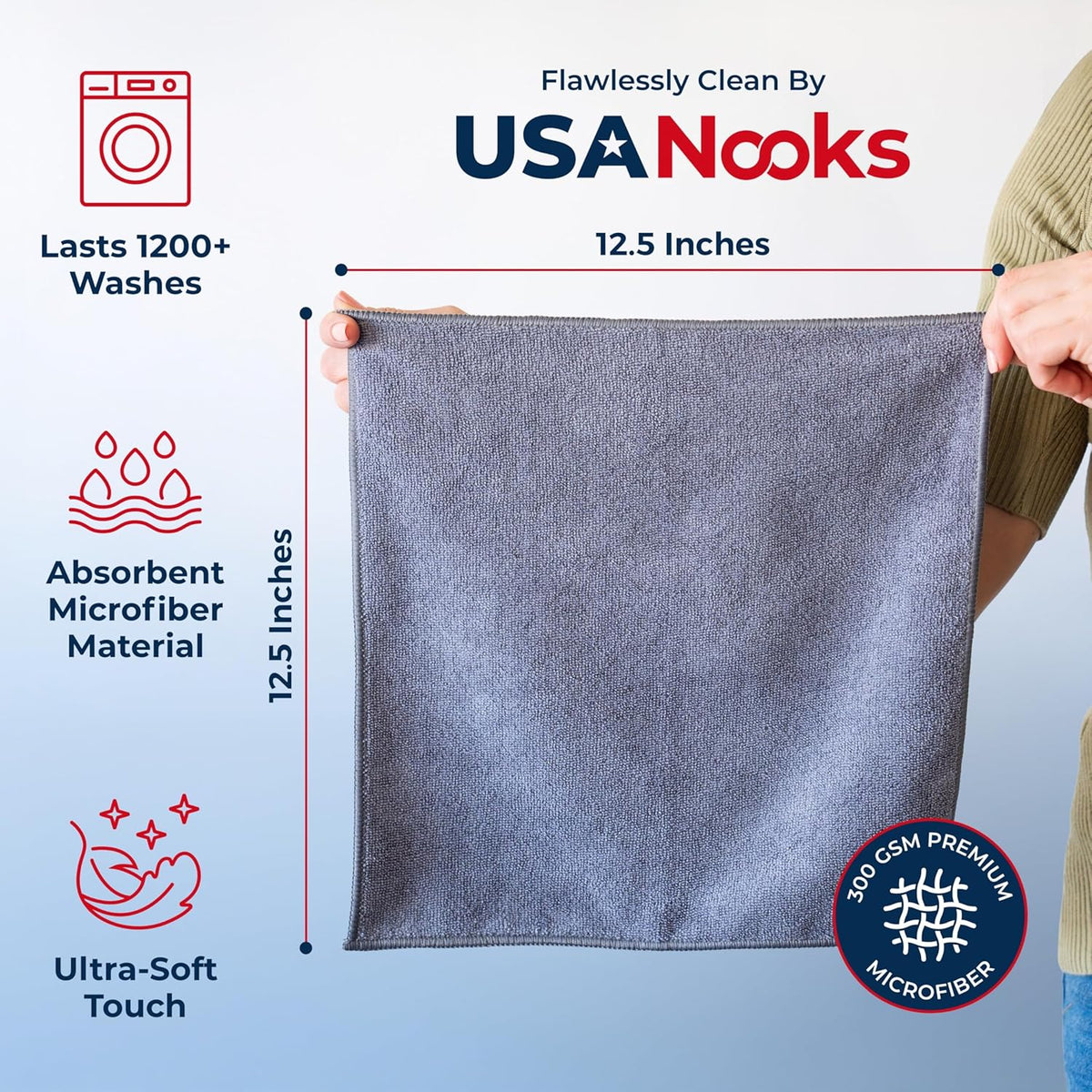 Microfiber Cleaning Cloth Grey - 12 Pcs (12.5"x12.5") - High Performance - 1200 Washes, Ultra Absorbent - photo 2