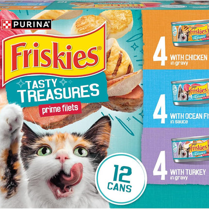 Purina Friskies Wet Cat Food Variety Pack, Tasty Treasures Prime Filets (With Ocean Fish and Tuna, With Chicken and With Turkey) - 5.5 Ounce (Pack of 12)