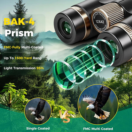 12x42 UHD Binoculars for Adults High Powered Waterproof Large View with Clear Vision & Compact Binocular Essentials for Hunting Camping Cruise Travel Bird Watching Sports