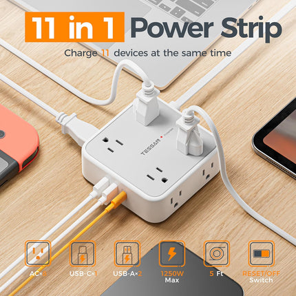 Surge Protector Power Strip, 5 Ft Flat Plug Extension Cord with 3 USB (1 USB C) 8 Outlets, 1250W, 900J Protection, 3 Sided Outlet Extender with Power Switch for Office, Dorm Room Essentials