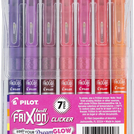 Pilot, FriXion Vibe Clicker Premium Erasable Gel Ink Pens, Find Your DreamGlow Vibe, Uplifting & Dreamy Colors, 7 Pack, Fine Point 0.7 mm, Assorted Pink/Purple Inks