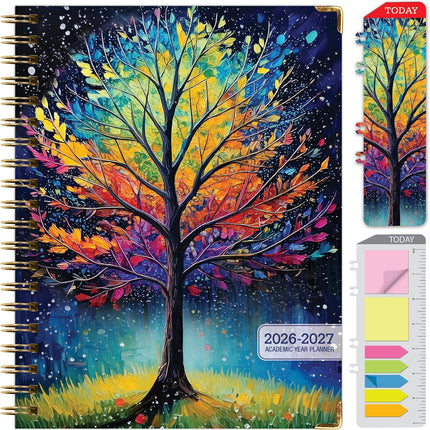 HARDCOVER Academic Year 2026-2027 Planner: 14 Months (May 2026 Through June 2027) 8.5"x 11" Daily Weekly Monthly Planner Yearly Agenda. Bookmark, Pocket Folder and Sticky Note Set (Black Tree Seasons)