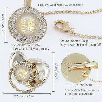 Sparkling Bling Custom Baby Pacifiers and Clips/Holder Kit with Name Personalized with Rhinestones for Boy and Girl Baby Shower (Gold)
