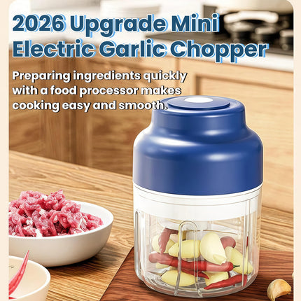 2026 Upgrade Electric Garlic Chopper Mini, 320 ml Small Garlic Chopper Mincer with 6 Stainless Steel Blades, Portable Rechargeable Cordless Chopper for Onion,Chili,Ginger,Nuts,Meat & Fruits (Blue)