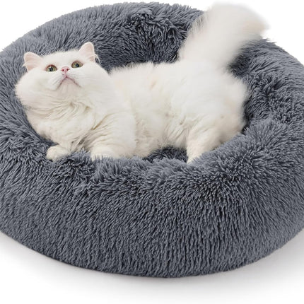 Bedsure Donut Calming Cat Bed, Round Plush Fluffy Washable Pet Bed for Indoor Cats & Puppy, Cozy Comfort Anti-Anxiety Furniture for Kittens, Cute Soft Comfy Dog Cuddler, 20x20Inches Grey