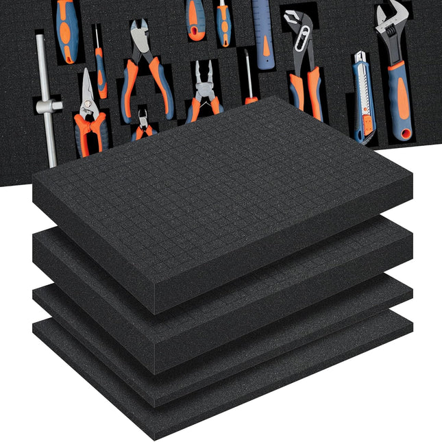 Pick and Pluck Foam 4-Pack (2P 16x12x2"+2P 16x12x0.4"). Tool Box Foam Organizer, High-Density Customizable Foam Inserts